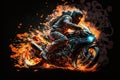 Biker on a motorcycle or motorbike on fire. Rider on a bike or chopper on flames creative concept. Ai generated Royalty Free Stock Photo