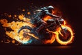 Biker on a motorcycle or motorbike on fire. Rider on a bike or chopper on flames creative concept. Ai generated Royalty Free Stock Photo