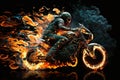 Biker on a motorcycle or motorbike on fire. Rider on a bike or chopper on flames creative concept. Ai generated Royalty Free Stock Photo