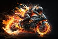 Biker on a motorcycle or motorbike on fire. Rider on a bike or chopper on flames creative concept. Ai generated Royalty Free Stock Photo