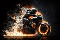 Biker on a motorcycle or motorbike on fire. Rider on a bike or chopper on flames creative concept. Ai generated Royalty Free Stock Photo