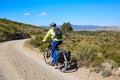 Biker MTB cycle tourism with panniers in Spain