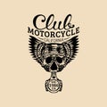 Biker piston-scull logo illustration. MC sign. Custom garage label. Vector vintage motorcycle store emblem. Royalty Free Stock Photo