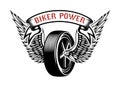 Biker power. Emblem with winged wheel. Design element for logo, label, emblem, sign.