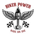 Biker power.Piston with wings on light background. Design element for logo, label, emblem,sign, badge,, t-shirt, poster. Vector il