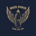 Biker power. Winged wheel on dark background. Design element for poster, emblem, sign, t shirt.