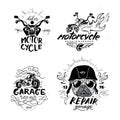 Biker pug dog. Set of vintage motorcycle emblems, labels, badges, Royalty Free Stock Photo