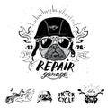 Biker pug dog. Set of vintage motorcycle emblems, labels, badges, Royalty Free Stock Photo