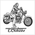 Biker riding a motorcycle drawn in hand made style. Bikers event or festival emblem.