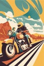 Biker riding motorcycle on the highway. Cornering or turning bike retro vector illustration Royalty Free Stock Photo