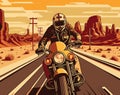 Biker riding motorcycle on the highway. Cornering or turning bike retro vector illustration Royalty Free Stock Photo