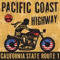 Biker riding a motorcycle poster text Pacific Coast Highway