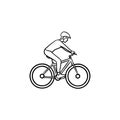Biker riding mountain bike hand drawn outline doodle icon.