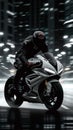 Biker on sports bike, white and black background, intense speed Royalty Free Stock Photo