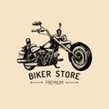 Biker store advertising poster. Vector hand drawn chopper for MC sign, label. Vintage detailed motorcycle illustration.