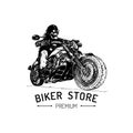 Biker Store advertising poster. Vector hand drawn skeleton rider on motorcycle. Vintage illustration for MC label etc. Royalty Free Stock Photo