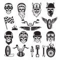 Biker symbols. Skull bike flags wheel fire bones engine motorcycle vector silhouettes