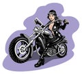 Biker woman in latex suit driving motorcycle. Vector illustration