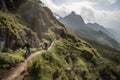 bikers ascending steep mountain trail, with view of breathtaking scenery