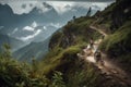 bikers ascending steep mountain trail, with view of breathtaking scenery