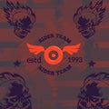 Bikers band poster with emblem and skull, vector illustration. Grunge hard rock graffiti club decoration. Burning skull