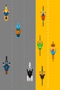 Bikers and cyclists group. Vector top view