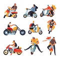 Bikers or motorbike racers on motorcycles and mopeds or sportbikes, isolated characters Royalty Free Stock Photo