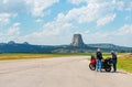 Bikers with Motorcycle, Devils Tower, Wyoming Royalty Free Stock Photo