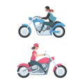 Bikers riding motorcycles, side view set. Young people using two wheeled transport cartoon vector illustration