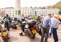 Bikers with their motorbikes gathered around Llandudno`s cenotaph chatting to tourists