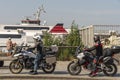 Bikers wait in line to board a ferry to the Isle of Man Royalty Free Stock Photo