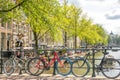 Bikes on the Amsterdam Canal Bridge and Waterfront Cafe Royalty Free Stock Photo