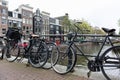 Bikes Attached to a Bridge along a Canal in the De Wallen Neighborhood of Amsterdam Royalty Free Stock Photo