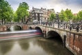 Bikes, boats, canal in Amsterdam, The Netherlands Royalty Free Stock Photo