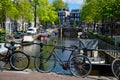 Bikes on the bridge that crosses the canal in Amsterdam Royalty Free Stock Photo