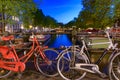 Bikes on the bridge that crosses the canal in Amsterdam Royalty Free Stock Photo