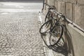 Bikes on Cobblestone Street, Stockholm, Sweden Royalty Free Stock Photo