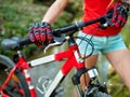 Bikes cycling girl cycling fording throught water . Royalty Free Stock Photo