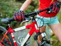 Bikes cycling girl cycling fording throught water .