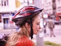 Bikes cycling girl wearing helmet. Royalty Free Stock Photo