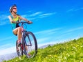 Bikes cycling girl wearing helmet rides bicycle.