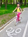 Bikes cycling girls with rucksack cycling on bike lane. Royalty Free Stock Photo