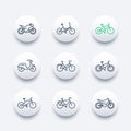 Bikes line icons set, bicycle, cycling, motorcycle, motorbike, fat bike, scooter, electric bike, round modern icons, vector Royalty Free Stock Photo