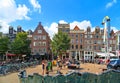 Bikes over canal Amsterdam city. Picturesque town landscape with small bridge and old buildings facade in Netherlands w Royalty Free Stock Photo