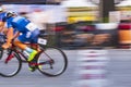 Bikes passing the finish line very fast at a bike race