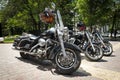 Bikes in a row. several large American Harley Davidson motorcycles stand in a row in the parking lot Royalty Free Stock Photo