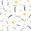 Bikes scattered on white background with burst of yellow sun. seamless repeat vector pattern