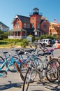 Bikes are stacked in front of the Sea Girt Lighthouse