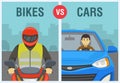 Bikes vs cars: which is better on roads. Safe driving tips and traffic regulation rules. Close-up of motorcycle rider and driver.