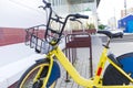 Bikesharing. Bicycles for rent. Bicycle in the bicycle parking near the store. Ecological urban transport